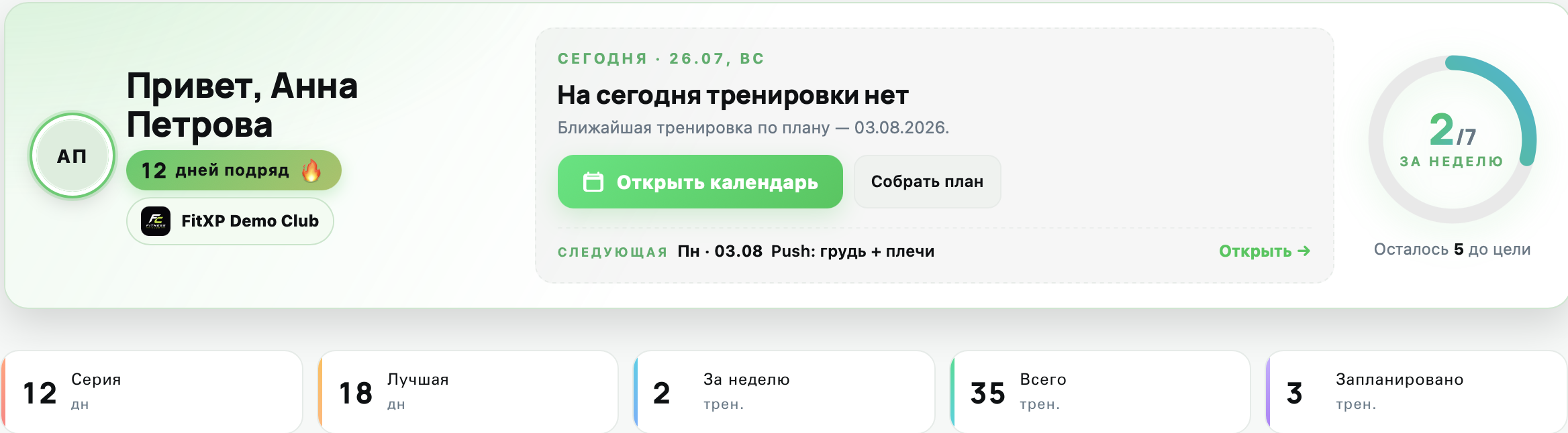 Экран с рекомендациями тренировки на день и неделю